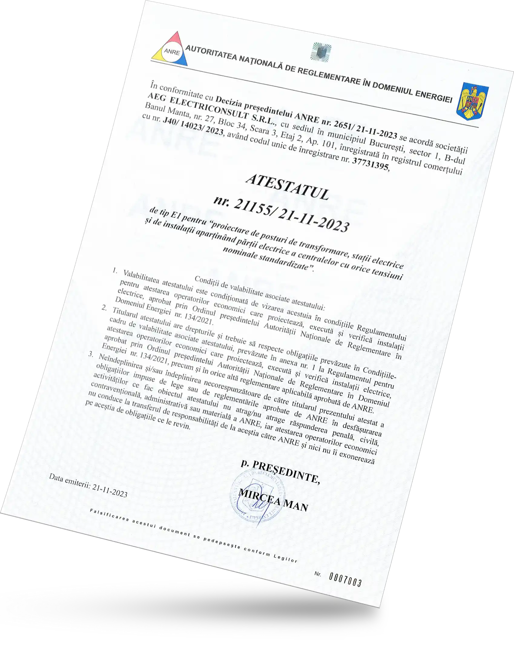 Atestat ANRE E1 AEG 11.2023
